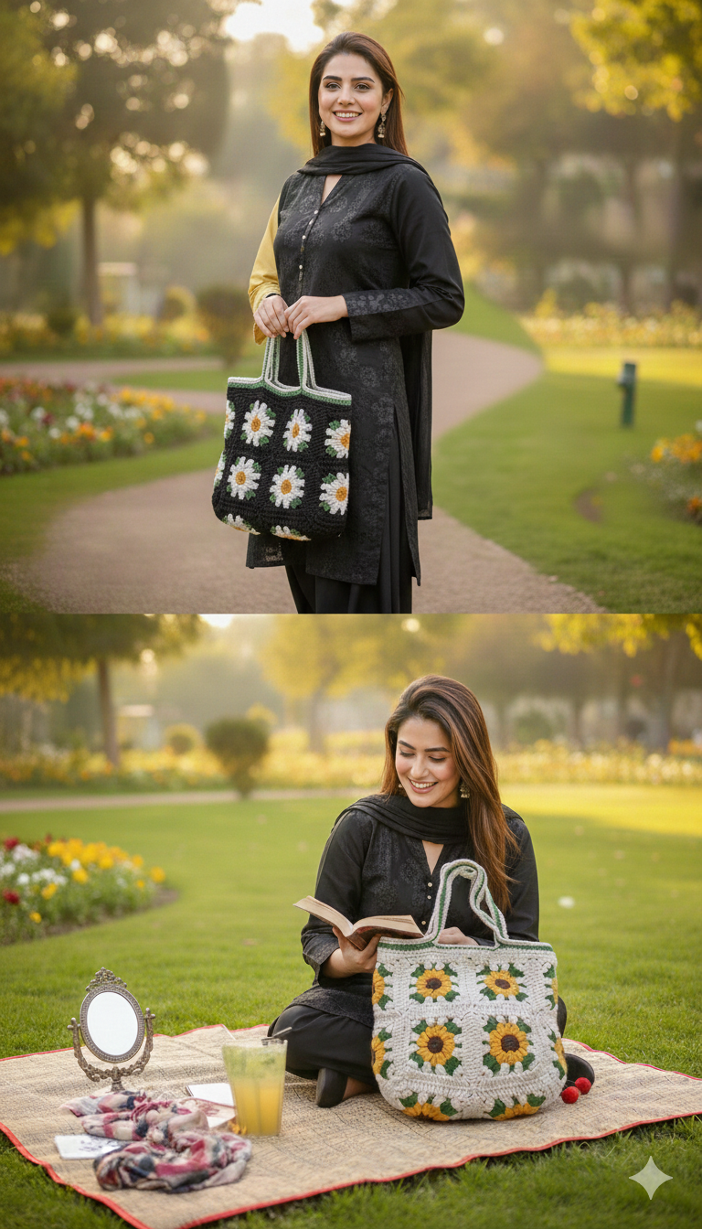 Handmade Sunflower Crochet Tote Bag |Large 3D Floral Granny Square Handbag| Boho Summer Beach Bag for Women