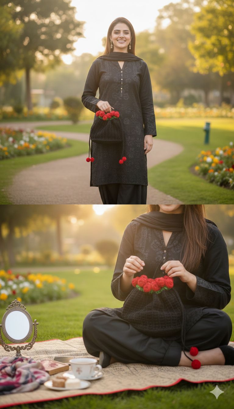 Handmade Crochet Potli Bag  Black & Red Rose Drawstring Pouch  Traditional Ethnic Evening Bag for Weddings and Parties