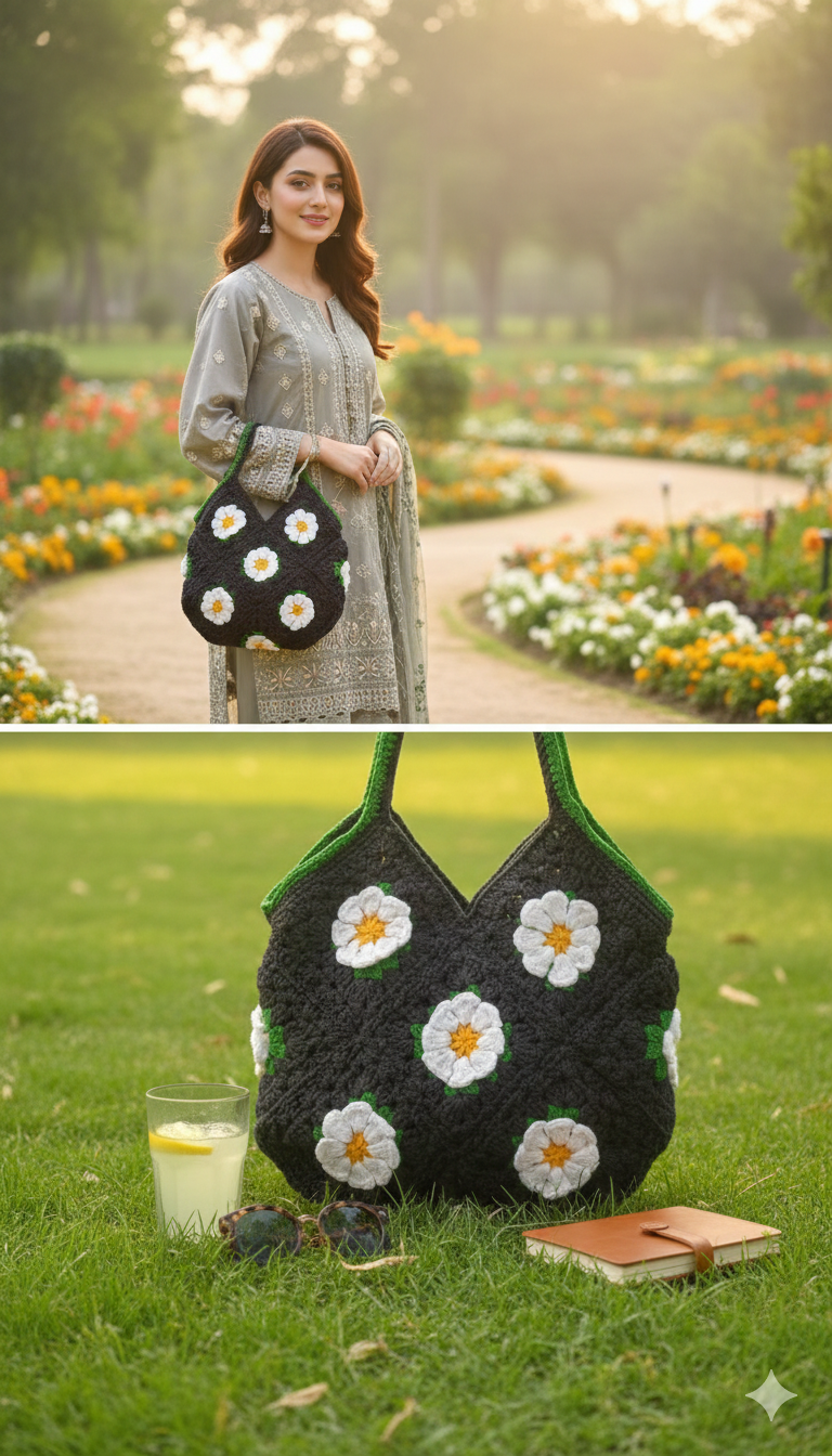 Handmade Daisy Crochet Tote Bag ,Black 3D Floral Granny Square Purse ,Boho Summer Handbag for Women