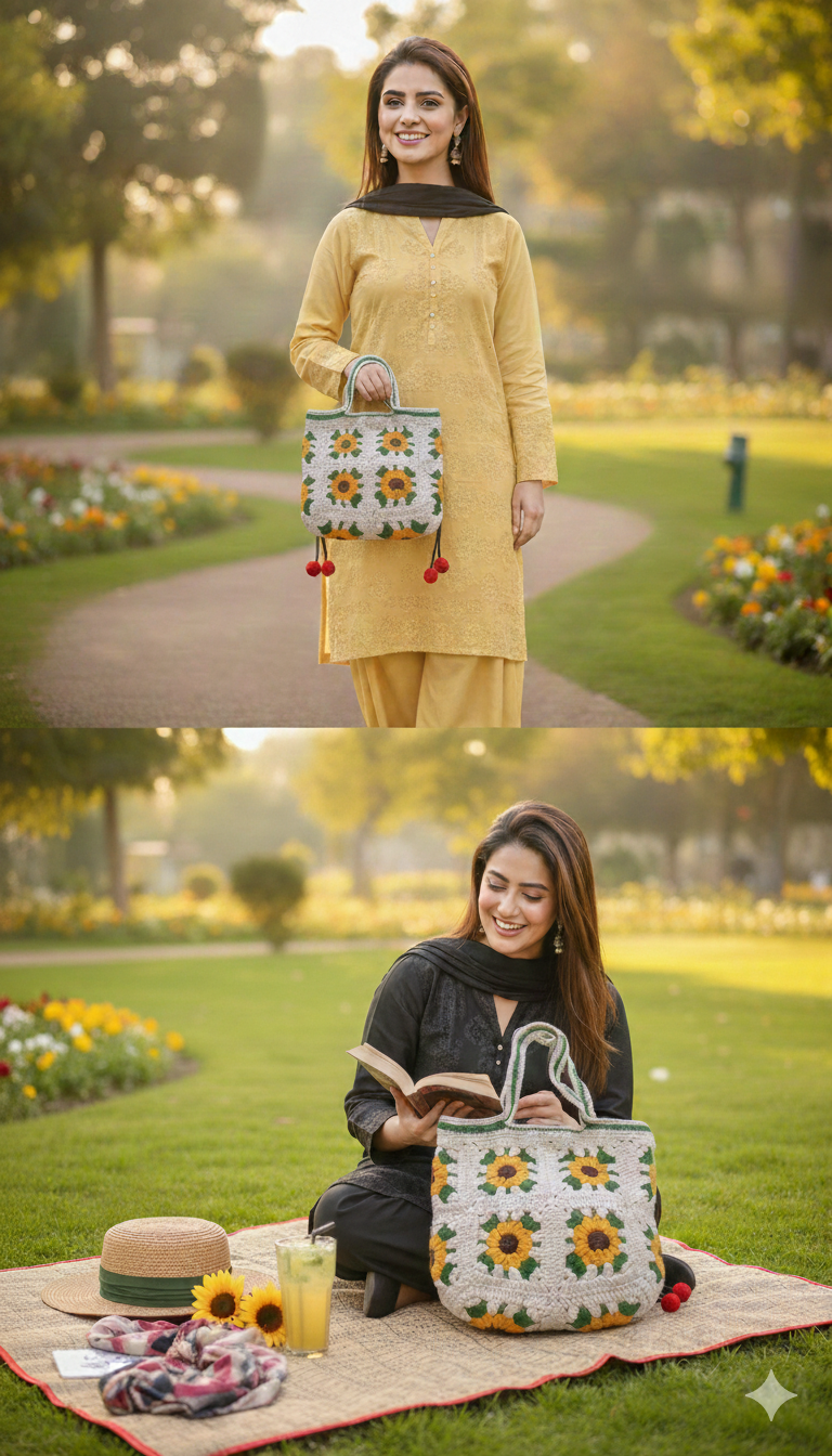 Handmade Sunflower Crochet Tote Bag |Large 3D Floral Granny Square Handbag| Boho Summer Beach Bag for Women