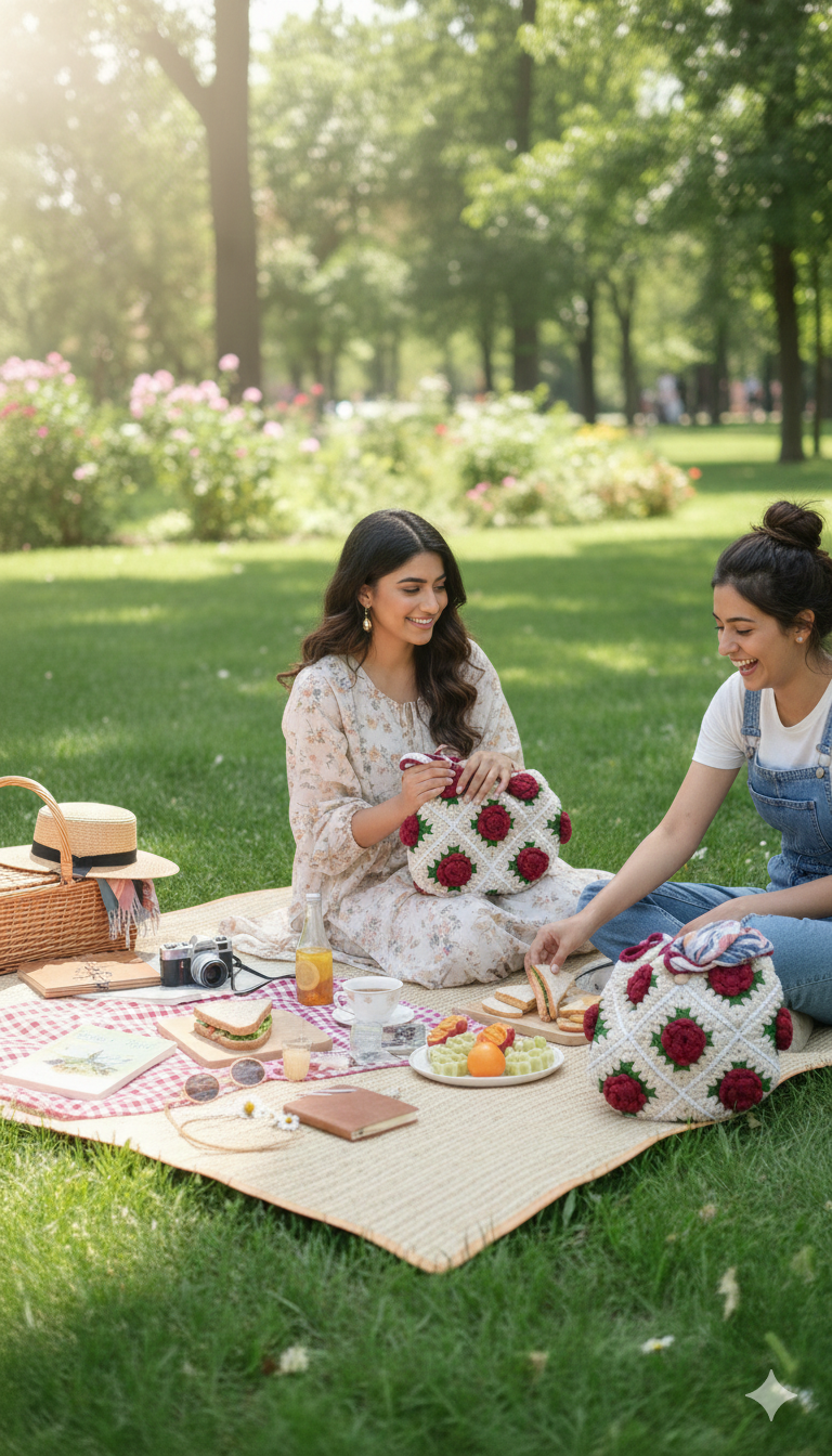Handmade Crochet Rose Tote Bag 3D Floral Granny Square Purse ,Boho Aesthetic Summer Handbag, Cream and Red Flower Tote for Women