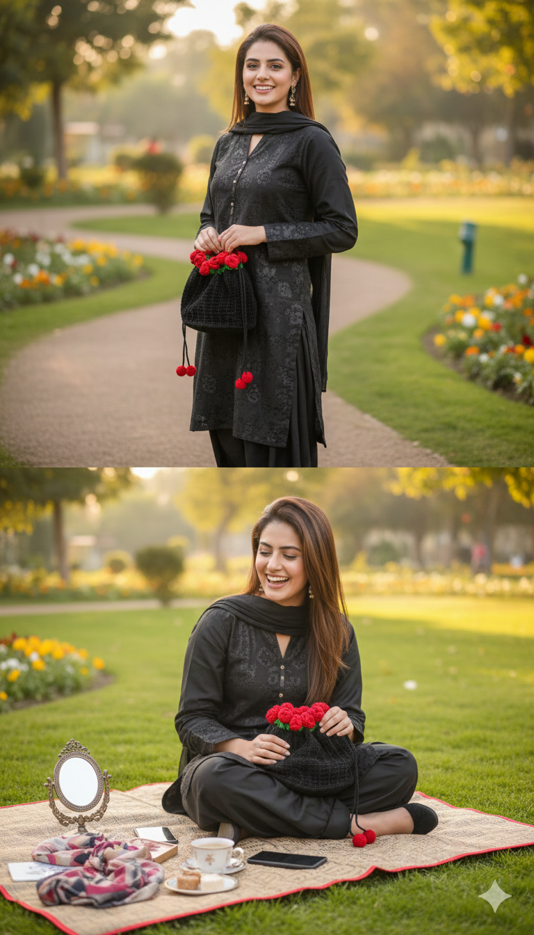 Handmade Crochet Potli Bag  Black & Red Rose Drawstring Pouch  Traditional Ethnic Evening Bag for Weddings and Parties