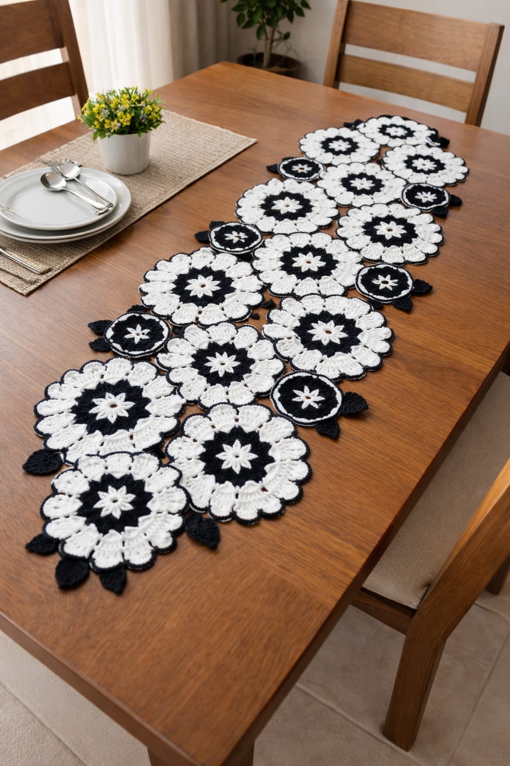 Handmade Crochet Floral Table Runner – Elegant Black & White Dining Table Decor